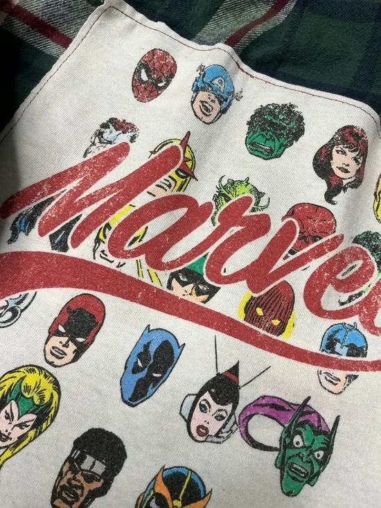 MARVEL Theme Upcycled T Shirt Flannel Top Grunge Beach Festival - Picture 2 of 10